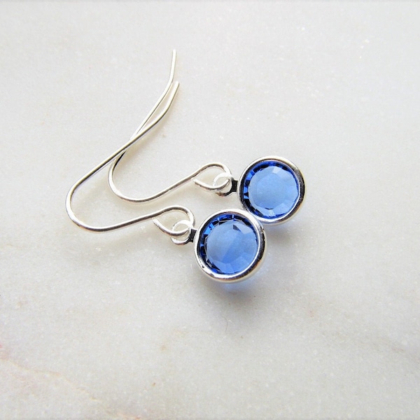 Silver Sapphire Earrings, September Birthstone Jewelry, Blue Crystal Dangle Earring, Dainty Petite Birth Stone Gift for Her Girls Women
