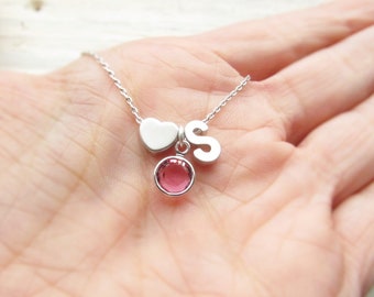 Silver Initial & Birthstone Necklace with Heart Charm, Personalized Initial Necklace for Her, Dainty Jewelry Birthday Gift for Girls Women