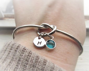 Personalized Jewelry for Women, Best Friend, Girls, New Mom or Grandma Gift,  Custom Silver Bangle Bracelet with Initial Birthstone Charm