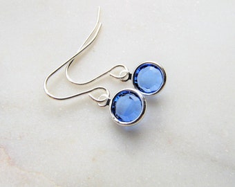 Silver Sapphire Earrings, September Birthstone Jewelry, Blue Crystal Dangle Earring, Dainty Petite Birth Stone Gift for Her Girls Women