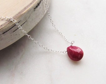 Real Ruby Necklace Sterling Silver Choker, Dainty Genuine July Birthstone Pendant, Teardrop Natural Gemstone Jewelry, July Birthday Gifts