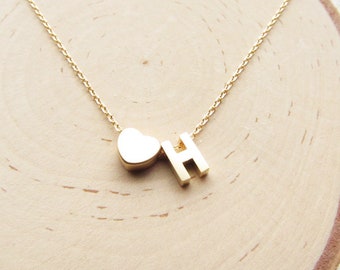 Gold Initial Necklace with Heart Charm, Personalized Necklace for Girls Kids, Letter Necklaces for Women, Custom Jewelry Gifts for Her