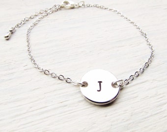 Silver Initial Bracelet, Adjustable Personalized Chain Jewelry, Engraveable Round Letter Disc Charm, Stacking Layering Bracelets for Women