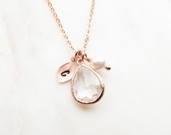 Rose Gold April Birthstone Necklace, Personalized Crystal Jewelry with Initial Birthstone Pearl Charm, Custom April Birthday Gifts for Her