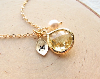 Citrine Necklace for November Birthday Gift, Gold Personalized November Birthstone Necklace, Initial Charm and Birth Stone, Citrine Jewelry