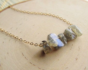 Labradorite Necklace, Gemstone Bar Necklace, 14kt Gold Filled, Raw Crystal, Layering Beaded Necklace, Gemstone Chips, Raw Stone Jewelry