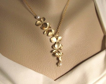 Gold Orchid Flower Necklace with Pearls, Wedding Jewelry for Bridesmaid Bride Matron or Maid of Honor, Cascading Flowers, Bridal Party Gift