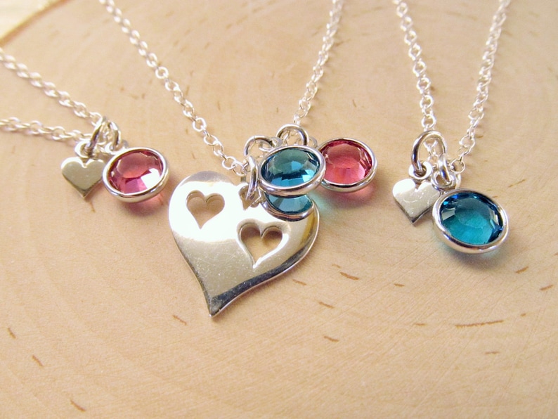 Mom and Daughters Personalized Sterling Silver Heart Necklace Set of 3 Mother Daughter Necklaces with Birthstones Mother Daughters Gift