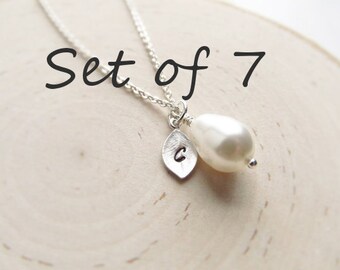 Bridesmaid Gift Set of 7, Silver Personalized Necklace, Teardrop Pearl with Initial Charm, Wedding Jewelry, Silver Pearl Jewelry, Bridal