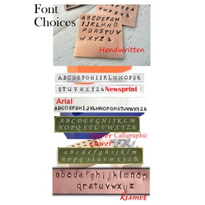 May include: A close-up image of different font styles for personalization. The fonts include Handwritten, Newsprint, Arial, Upper Calligraphic, Lower Calligraphic, and Kismet.