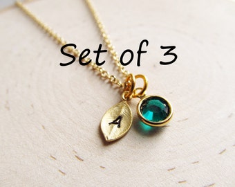 Set of 3 Gold Initial Birthstone Necklaces, Personalized Bridesmaids Friends Sisters Gifts, Dainty Tiny Jewelry Gift for Her Women Girls