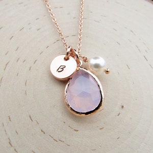 Rose Gold Opal Necklace, Personalized October Birthstone Jewelry, Round Initial Disc, Birth Stone, Pearl Charm, Custom Birthday Gift for Her
