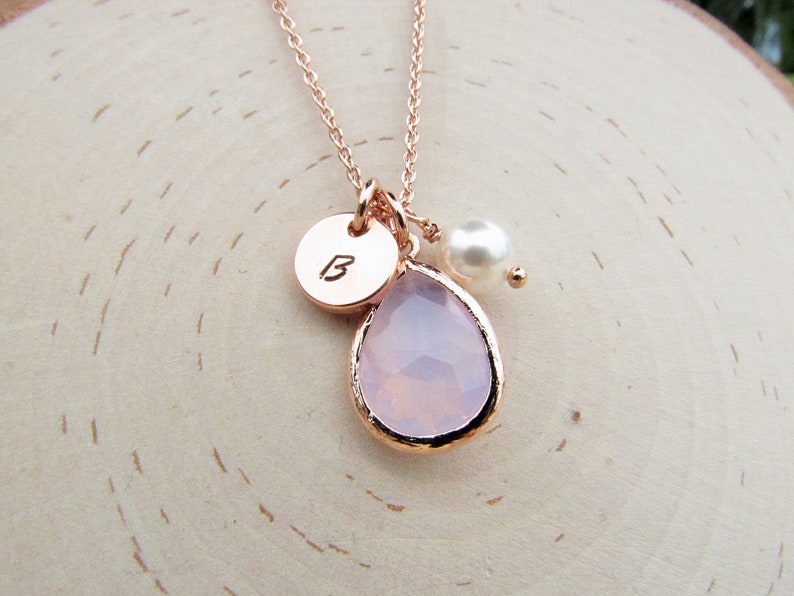 Rose Gold Opal Necklace, Personalized October Birthstone Jewelry, Round Initial Disc, Birth Stone, Pearl Charm, Custom Birthday Gift for Her image 1