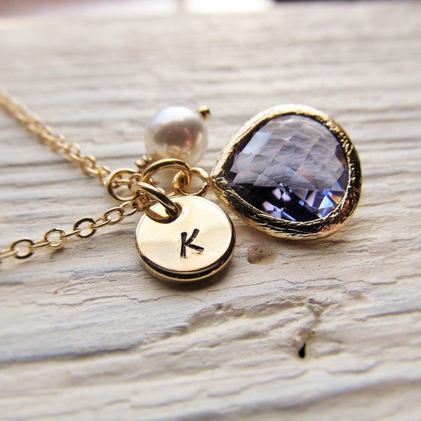 Amethyst Charm Necklace, Gold Birthstone Necklace with Initial Disc and Pearl, February Birthday Jewelry, Amethyst Jewelry Gift for Her