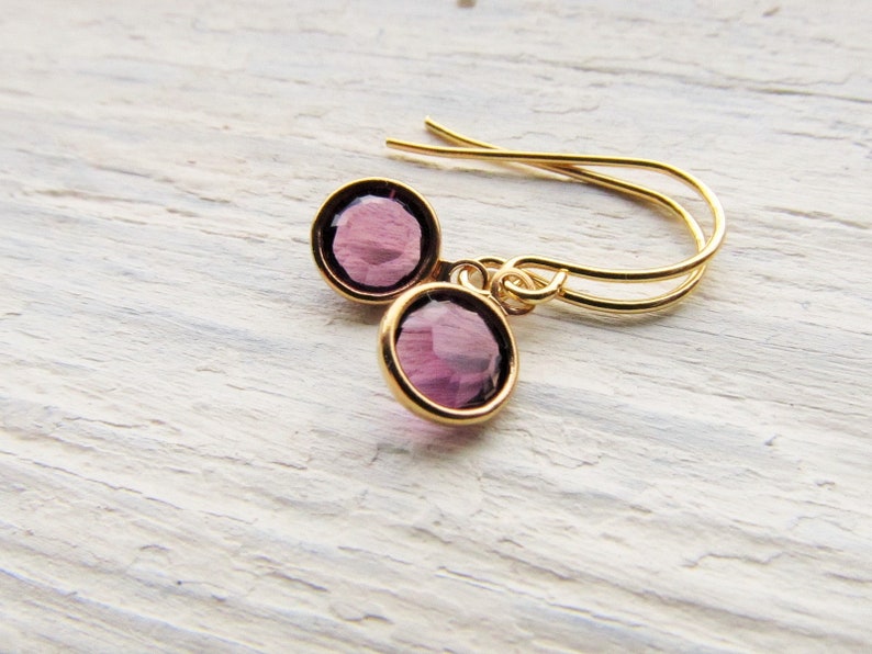 Petite Dainty Birthstone Jewelry Purple Crystal Dangle Earrings February Birthday Gift for Her Girls Women Gold Amethyst Earrings
