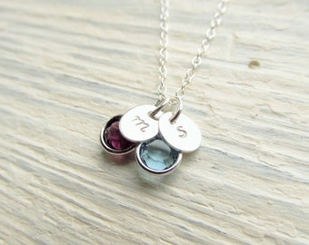May include: A silver necklace with two small charms, one with the letter "M" and the other with the letter "S". The charms are attached to a silver chain and have small gemstones, one purple and one blue.