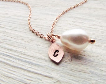 Rose Gold Pearl Necklace Personalized with Leaf Initial Charm, Custom Color Pearl Jewelry, Customized Gift for Bridesmaids or June Birthday