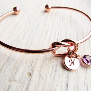 Knot Bracelet Rose Gold with Personalized Charms, Rosegold Jewelry with Initial Disc and Birthstone, Thank You Gifts for Friends Mom Mentor