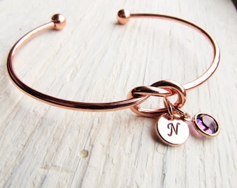 Knot Bracelet Rose Gold with Personalized Charms, Rosegold Jewelry with Initial Disc and Birthstone, Thank You Gifts for Friends Mom Mentor