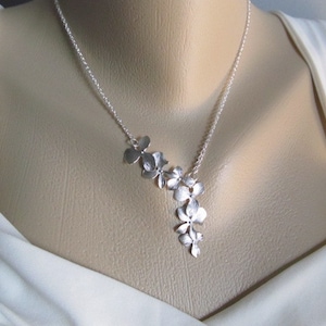 Flower Necklace, Silver Asymmetric Orchid Lariat, Bridesmaid Necklace, Wedding Jewelry, Bridal Jewelry image 4
