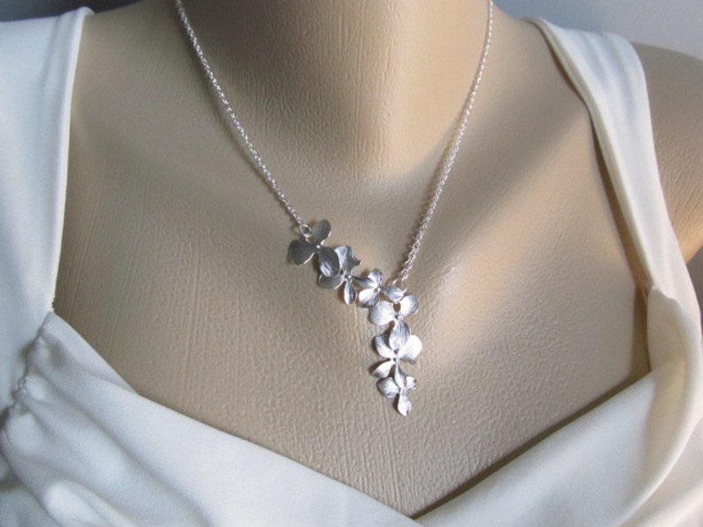 Flower Necklace, Silver Asymmetric Orchid Lariat, Bridesmaid Necklace, Wedding Jewelry, Bridal Jewelry image 4