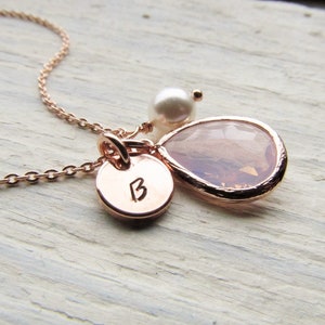 Rose Gold Opal Necklace, Personalized October Birthstone Jewelry, Round Initial Disc, Birth Stone, Pearl Charm, Custom Birthday Gift for Her image 3
