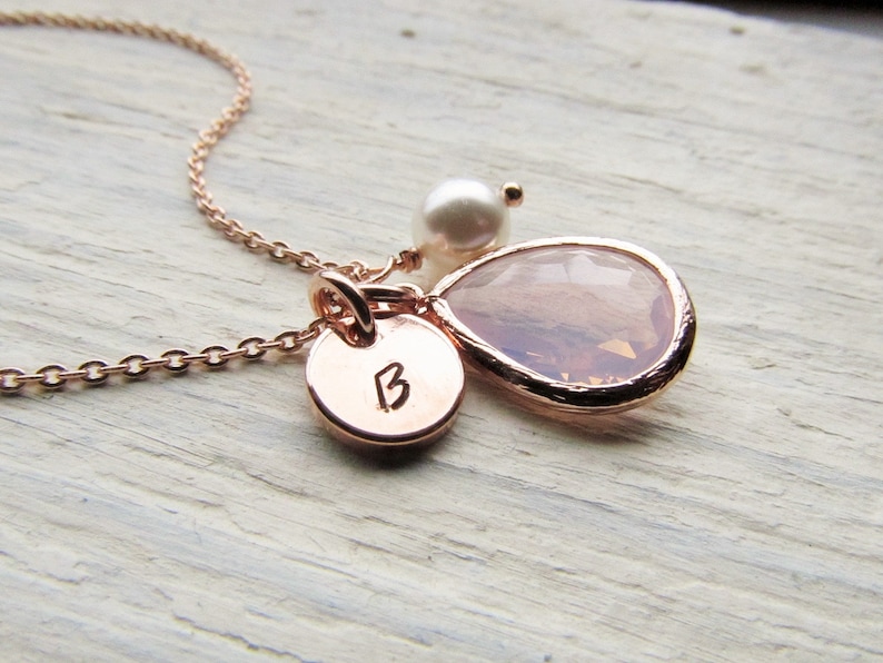 Rose Gold Opal Necklace, Personalized October Birthstone Jewelry, Round Initial Disc, Birth Stone, Pearl Charm, Custom Birthday Gift for Her image 3