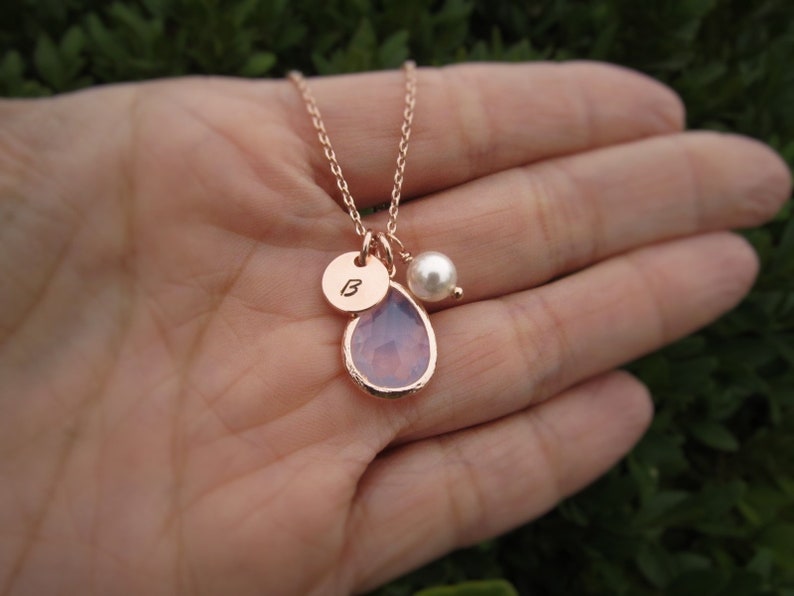 Rose Gold Opal Necklace, Personalized October Birthstone Jewelry, Round Initial Disc, Birth Stone, Pearl Charm, Custom Birthday Gift for Her image 6