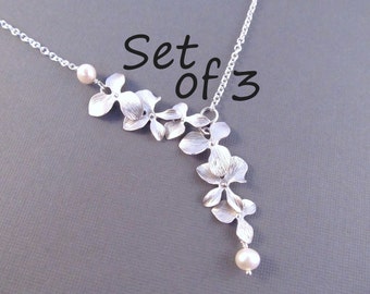 Pearl Bridesmaid Necklace Set of 3, Silver Orchid Flowers with Pearls, Delicate Lariat Style Necklace for Wedding, Bridal Jewelry