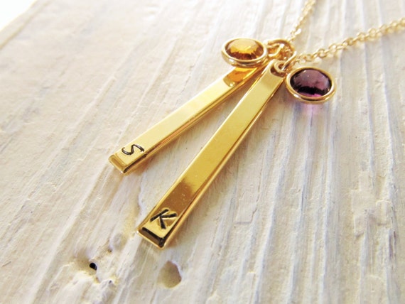 Birthstone Necklace for Mom or Grandma, Gold Bar Initial Birthstone, Gift for Mum or Nana, Mother Birthstone Jewelry, Personalized Jewlery