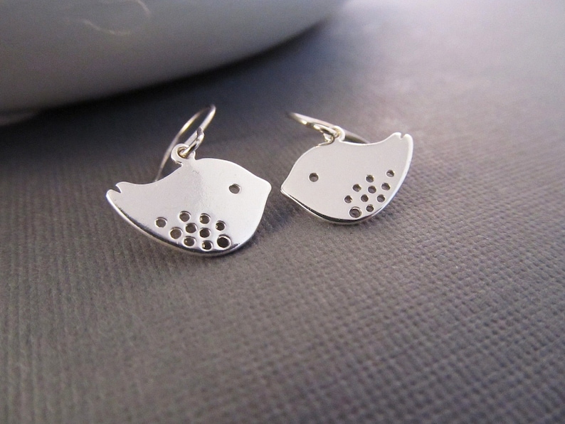 Bird Earrings, Silver Mod Sparrows, Dangle Earrings, Modern Jewelry, Everyday Earrings image 1