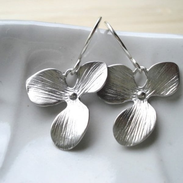 Silver Flower Earrings -- Sterling Silver Dangles -- Orchid Blossoms