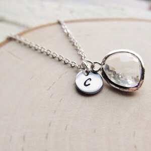 Crystal Pendant with Initial, Silver Crystal Necklace, April Birthstone Gift for Her, Personalized April Birthday Jewelry, Clear Diamond