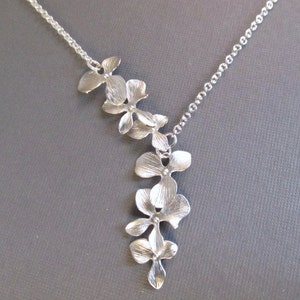 Flower Necklace, Silver Asymmetric Orchid Lariat, Bridesmaid Necklace, Wedding Jewelry, Bridal Jewelry