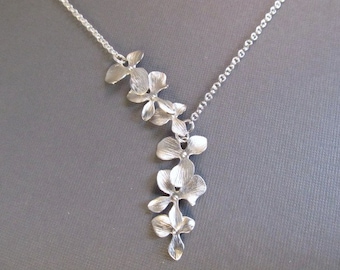 Flower Necklace, Silver Asymmetric Orchid Lariat, Bridesmaid Necklace, Wedding Jewelry, Bridal Jewelry