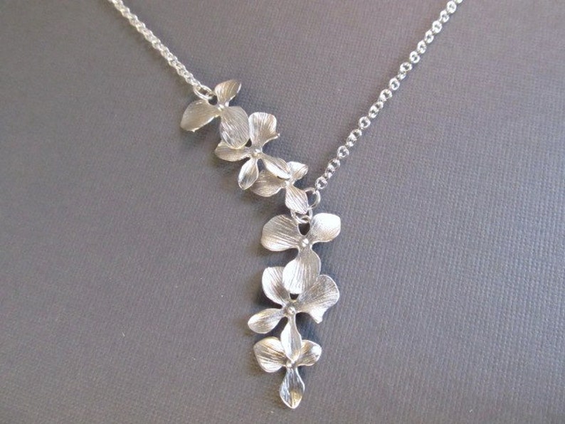 Flower Necklace, Silver Asymmetric Orchid Lariat, Bridesmaid Necklace, Wedding Jewelry, Bridal Jewelry image 1