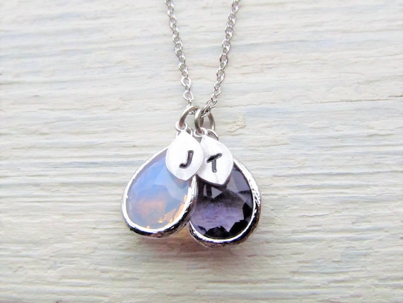 Mom Necklace with Kids Initials and Birthstones in Silver, Personalized Birth Stones Jewelry, Unique Gifts for Moms, Children Month Charms