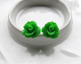 Green Rose Earrings, Flowers on Stainless Steel Posts, Stud Earrings, Flower Jewelry, Post Earrings, Rose Jewelry, Green Earrings