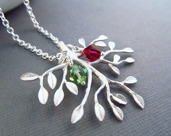 Family Tree Necklace in Silver with Birthstone Charms, Personalized Jewelry for Mom or Grandma, Custom Mothers Gift from Kids Children