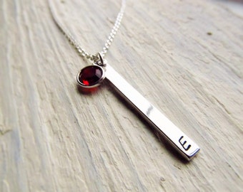 Silver Vertical Bar Necklace with Initial Birthstone, Vertical Bar Pendant, Silver Personalized Jewelry, Custom Hand Stamped, Trendy Jewelry