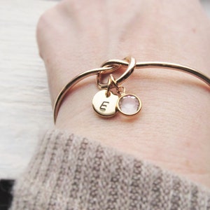 Gold Knot Bracelet, Women's Personalized Bangle with Initial and Birthstone Charms, Birth Stone Jewelry Gift for Woman, Her, Girlfriend image 7
