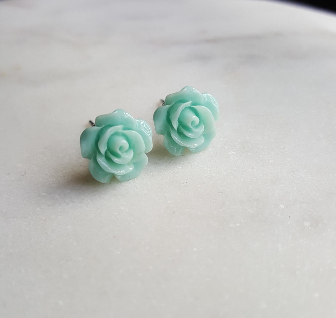 Mint Rose Earrings, Mint Green Flowers on Stainless Steel Posts, Post ...