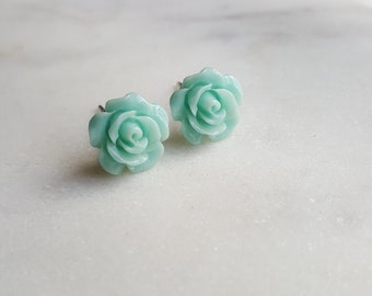 Mint Rose Earrings, Mint Green Flowers on Stainless Steel Posts, Post Earrings, Rose Jewelry, Stud Earrings