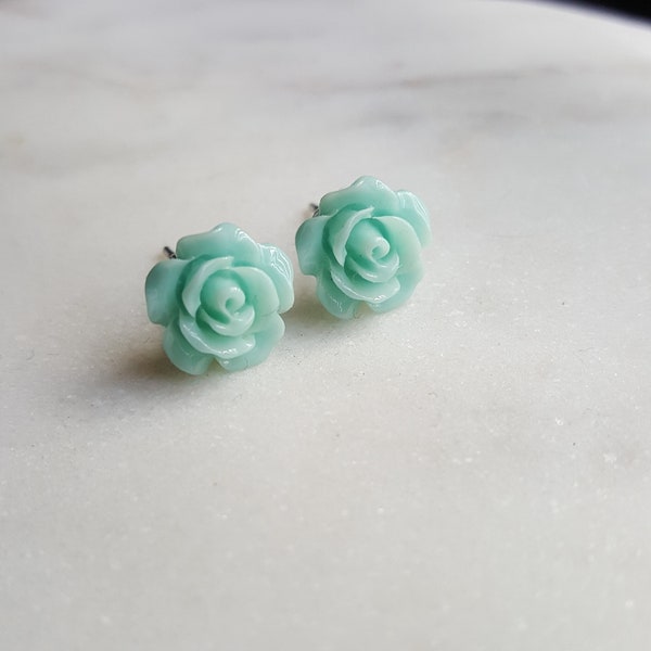 Mint Rose Earrings, Mint Green Flowers on Stainless Steel Posts, Post Earrings, Rose Jewelry, Stud Earrings