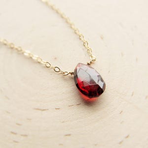 May include: A delicate gold chain necklace with a single, teardrop-shaped red gemstone pendant.