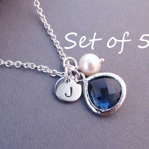 Set of 5 Bridesmaid Necklaces --  Disc with Initial, Jewel, and Pearl, Personalized Necklace, Bridesmaid Gift, Birthstone Necklace