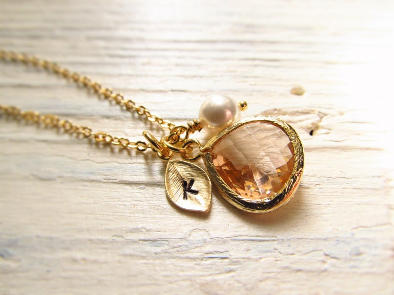 November Birthstone Necklace, Topaz Necklace, Gold Leaf with Initial Jewel and Pearl, Gold Birthstone Jewelry, November Birthday Gift 画像 3