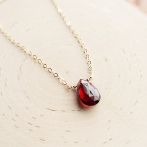 Genuine Garnet Necklace, Gold Choker, 14kt Gold Filled, Garnet Teardrop, Gemstone Jewelry, January Birthstone Pendant, Layering Necklace