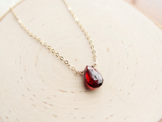 Genuine Garnet Necklace, Gold Choker, 14kt Gold Filled, Garnet Teardrop, Gemstone Jewelry, January Birthstone Pendant, Layering Necklace