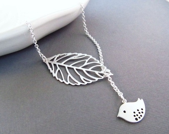 Silver Leaf and Bird Necklace, Lariat Style Necklace with Filigree Leaf and Sparrow, Nature Inspired Everyday Jewelry for Bird Lovers